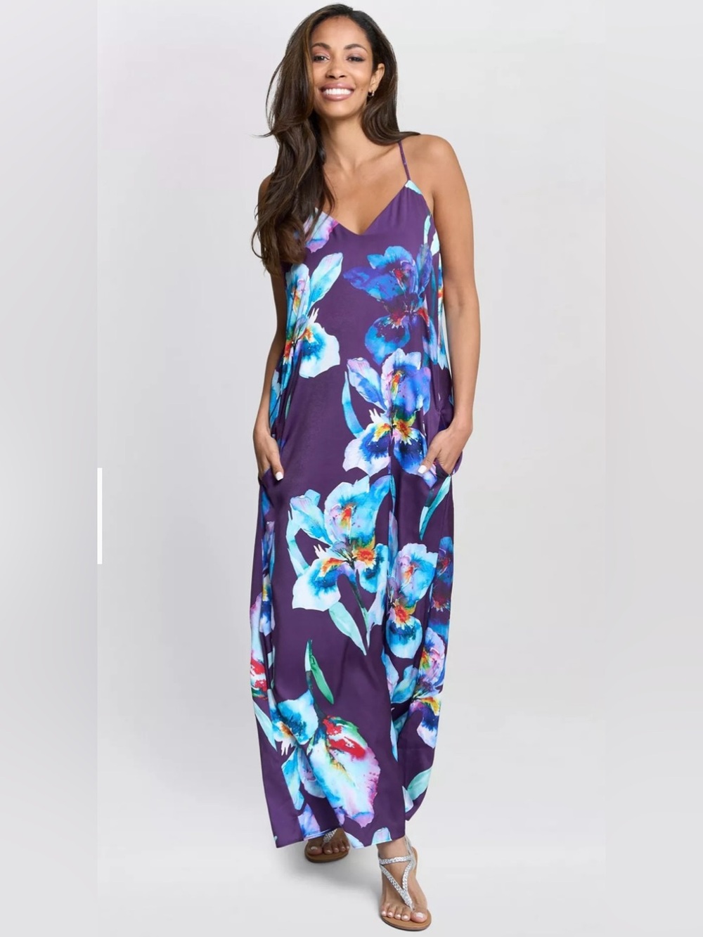connected apparel Purple Maxi Slip Dress with Blue Floral Print